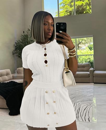 Image of Two Piece Outfits for Women Summer Going Out Knit Crop Tops Pleated Mini Skirt Sets Short Sleeve Mini Dress