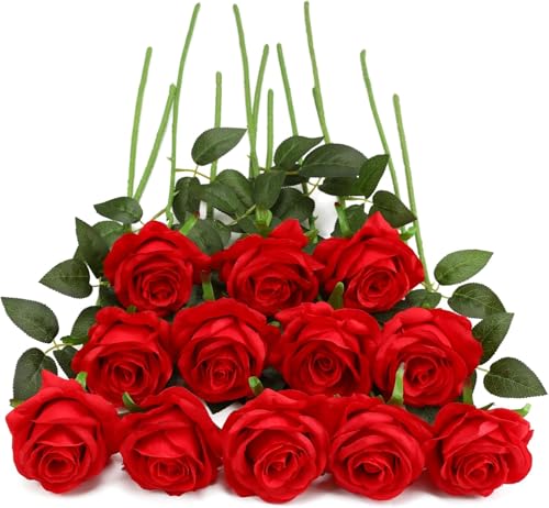 Image of Dekorly Artificial Fake Roses Flowers - 10 Pcs Fake Artificial Roses Silk Flowers with Stems for Home Room Tabletop Wedding Hotel Office Centerpiece Decor | Height 18 Inch (Red)