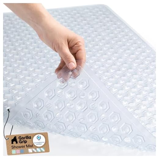 GORILLA GRIP Patented Bath Tub Shower Mat, Machine Washable Bathtub Floor Liner Mats, Suction Cups and Drain Holes to Keep Tubs Clean, Bathroom Essentials, 35x16 Inch, Clear
