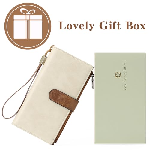 Image of GOIACII Large Wallet for Women Leather Wristlet Beige Brown