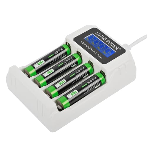 LOTUS POWER Universal NI-MH ladegerät&1.2 V AAA Akkus Set, 4 Schacht AAA Ladegerät mit Wiederaufladbar AAA Batterie (1 Ladegerät & 4 AAA Batterien)