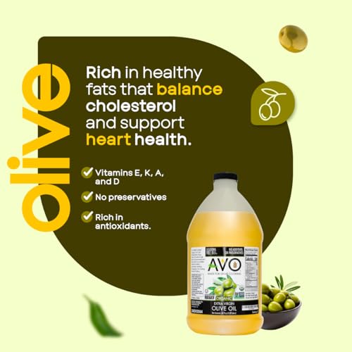 Image of AVO Organic Olive Oil Extra Virgin Cold Pressed, 64 Fl-oz (Half Gallon) NO preservatives added, High Smoke Point 410F Oil Cooking