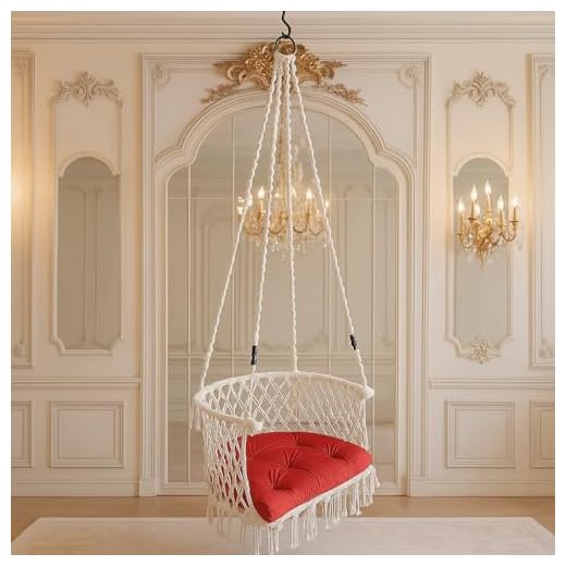 Patiofy Made In India Premium Single Seater Cotton Swing Chair For Adults,Kids Hammock-Hanging Chair Swing With Cushion And Accessories (White), 20 Centimeters, 138 Centimeters