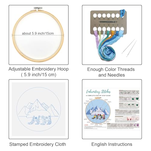 Image of Louise Maelys Glacial Polar Bear and Flowers Embroidery Kit DIY Craft | Pre-Printed Fabric, Hoop, Threads, Needles & Guide for DIY Needlepoint Kit and Cross Stitch Starter Kit for Adults