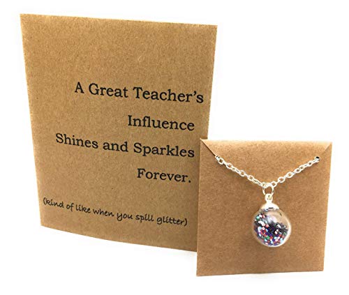 Teacher's Gift Set. Teacher Necklace Glitter in Glass and Thank you Quote Card. Gift Boxed by Dorinta