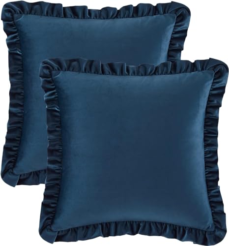 Image of Velvet Blue 12x20 Pillow Covers, Set of 2 Decorative Ruffle Cushoin Pillow Covers for Sofa Couch