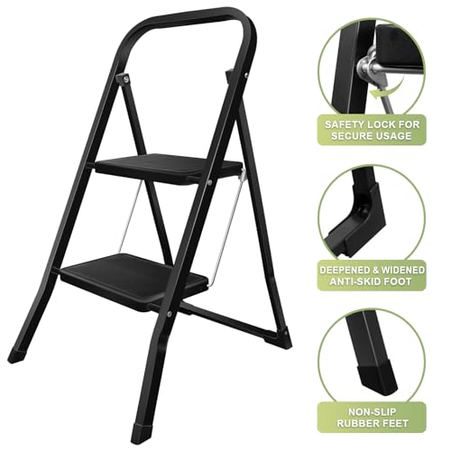 kisidus Stufenleiter Trittleiter 2 Stufen Leiter, Klappstufen Haushaltsleiter bis 150 kg belastbar, Stehleiter für die Arbeite in Haus und Garten