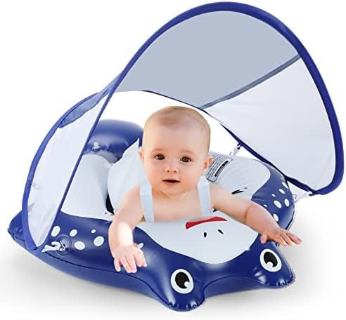 Keriday Baby Pool Float for 3-36 Months, Baby Swim Float with Canopy, Beach Toys for Toddlers 1-3 Years Old, Baby Floatie Pool Accessories, No Flip Over Swimming Float with Tail, Small