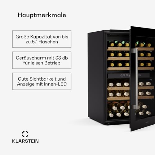 Klarstein Vinsider 57 Duo Weinkühlschrank 2 Zonen - 57 Flaschen, 5-22 °C, Leise 38 dB, Einbau, UV-Schutz Glas, Holzregale, Edelstahl, R600a 3 Klarstein Vinsider 57 Duo Weinkühlschrank 2 Zonen - 57 Flaschen, 5-22 °C, Leise 38 dB, Einbau, UV-Schutz Glas, Holzregale, Edelstahl, R600a