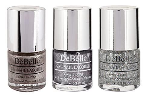 DeBelle Gel Nail Polish Combo Set Of 3 Sparkling Dust[Glitter], Grey Glitteratti[Silver Glitter], Shimmer Top Coat[Top Coat] 24 ml (8 ml Each)