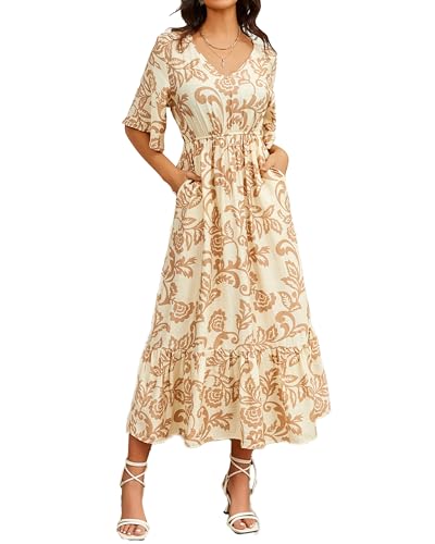 Image of Women's Summer Short Sleeve Maxi Floral Flowy Dresses with Pockets