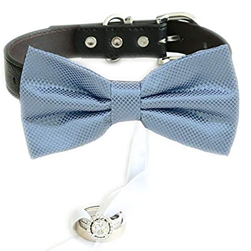 Dusty blue bow tie collar Leather collar dog ring bearer adjustable handmade XS to XXL collar bow Puppy Proposal