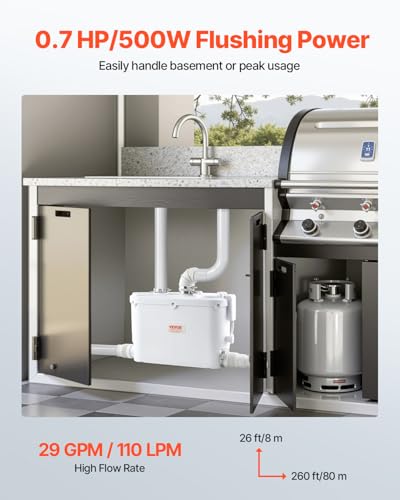 Image of VEVOR Macerator Pump, 500W, 29 GPM Flow, 26 ft /8 m Head, Macerator Sewerage Toilet Pump with 4 Water Inlets, Waste Water Disposal Upflush Machine for Kitchen, Basement, Shower, Sink, Laundry, Bathtub