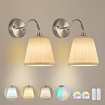 DSJK Battery Operated Wall Sconce Set of 2,Brushed Nickel Wireless Wall Light with Remote Control,RGB Dimmable 15 Colors,Rechargeable Bulbs Cordless Pleated Gauze Wall Lamp for Indoor