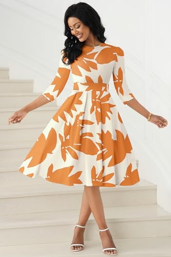 Image of Runwind Vintage Dress for Women - 3 /4 Sleeve Casual A-Line Wedding Guest Cocktail Dress with Pockets