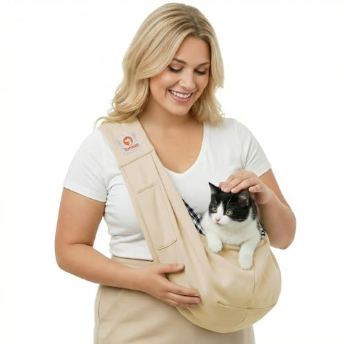 Image of Tomkas Small Dog Cat Sling Carrier Puppy Purse Travel Wrap Soft Crossbody Pet Bag (Cream, M - Classic Pocket & Classic Strap)