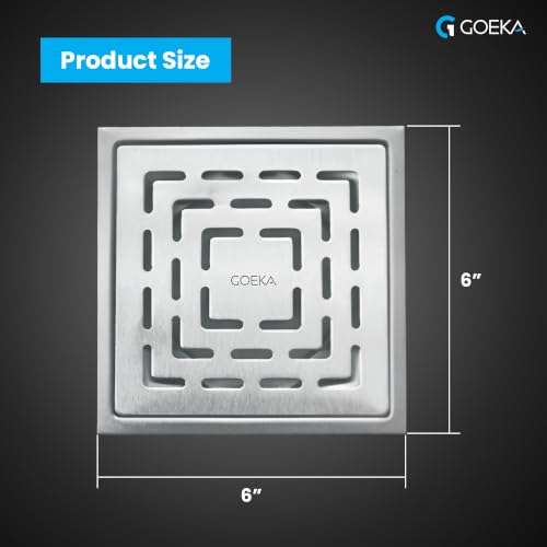 Image of GOEKA Sapphire Square Flat Cut Floor Drain | 304-Grade Stainless Steel Waste Water Drain Channel with Anti-Cockroach Trap | 6 x 6 Inches Bathroom, Kitchen & Balcony Jali
