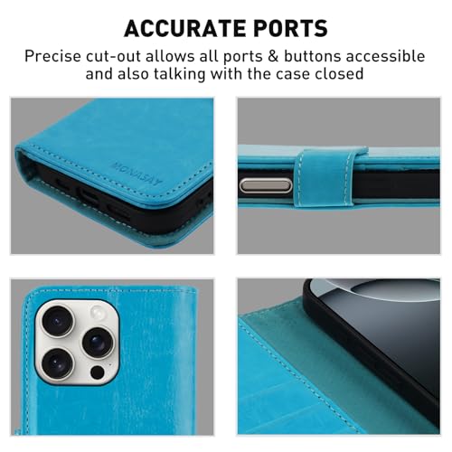 MONASAY Wallet Case Compatible for iPhone 16 Pro Max 5G, 6.9-inch, [Glass Screen Protector Included] [RFID Blocking] Flip Folio Leather Cell Phone Cover with Credit Card Holder, Light Blue by MONASAY - Image 6