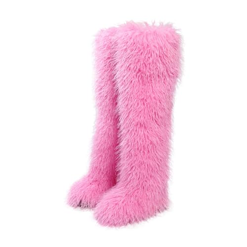 Image of Black Thigh High Fur Boots, Over the Knee Fluffy High Boots, Tall Furry shoes for Women