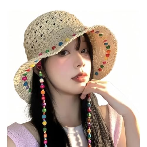 Straw Bucket Hats for Women - Crochet Wide Brim Summer Beach Sun Hat with Colorful Wooden Beads, Boho UV Protection