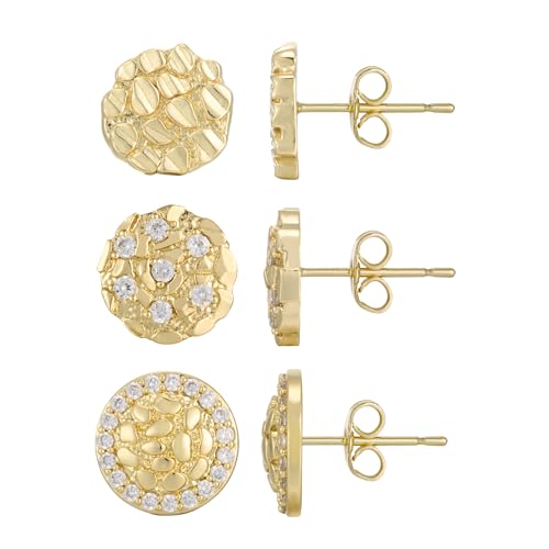 3 Pairs 14K Gold Plated Round Rough Nugget Earrings with CZ Unisex Textured Cookie Earrings 12mm (0.48 inches) for Women and Men (Medium)