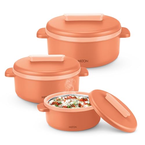 MILTON Micronova Jr. Gift Set Inner Stainless Steel Casserole, Set of 3 (380 ml, 775 ml, 1345 ml), Peach, BPA Free, Food Grade, Hot and Cold, Microwav