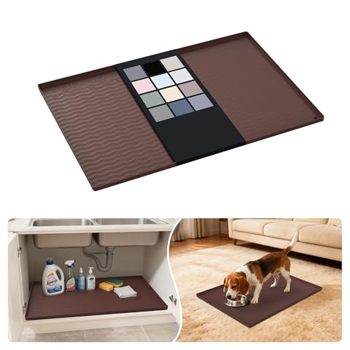 Image of URMONA Waterproof Silicone Under Sink Mat 28'' x 22'' Shelf Liner for Kitchen and Bathroom, Cabinet and Counter Protector, Storage and Organizers, Litter Mat, Pet Cat Puppy Essentials(Brown)