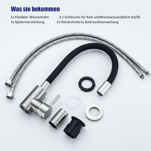 Flexible Küchenarmatur Schwarz, Wasserhahn mit 2 Wasserstrahlen, Mischbatterie küche Schwarz, 360°Armatur mit Flexiblem Auslauf, Spültischarmatur Hochdruck Edelstahl, Kitchen Tap