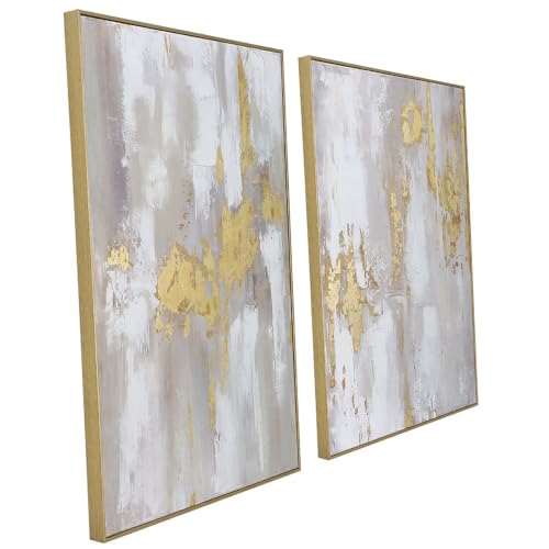 Image of Modern Gold and Neutral Abstract Wall Art - 24x36 inch x 2, Framed Canvas Artworks - Contemporary Decor for living room,bedroom
