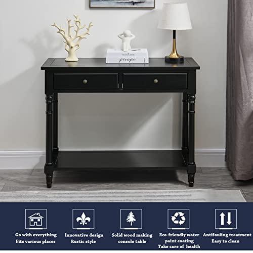 Jesonvid Solid Wood Console Table With 2 Drawers, 2-Tier 35.4" X 30" Accent Sofa Table With Multilayer Storage Shelf Rustic Hall Entryway Tables For Living Room Home Office-Black #TOP3