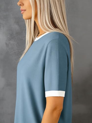 Image of Womens Short Sleeve Striped Color Block Crew Neck Sweater Shirt Lightweight Cotton Casual Summer Pullover Tops