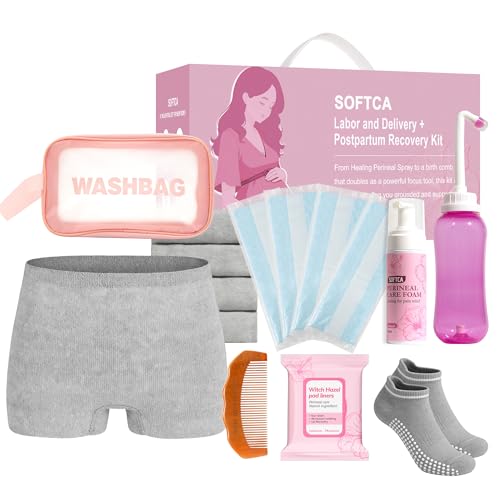 Image of Postpartum Recovery Essentials Kit - Birth Comb,Peri Bottle,Disposable Postpartum Underwear,Perineal Healing Foam,Instant Ice Pads,Cooling Pad Liners,Socks,Canvas Bag,Postpartum Kit Gift Set