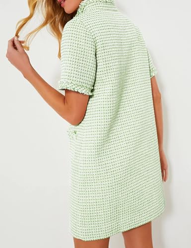 COZYPOIN Womens Tweed Mini Dress Elegant Front Half Zipper Short Sleeve Casual Work Straight Tube Dress with Pockets4