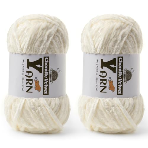 Image of 2 Pack Plush Chenille Chunky Yarn - Fluffy Velvet Yarns Crochet for Blanket Knitting and Crocheting - Soft Baby Yarn for Crocheting - Amigurumi Crochet Yarns 100g (87yds) (2 White)