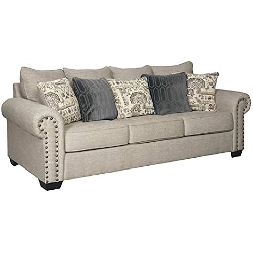 Signature Design by Ashley Zarina New Traditional Sofa with Nailhead Trim and 5 Accent Pillows, Beige