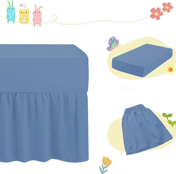 Mini Crib Ruffle Bed Skirt (24” x 38”) with 10” Inch Drop Dust Ruffle for Baby Boys or Girls Nursery Crib Toddler Bed Skirt Microfiber Fabric - Medium Blue Solid
