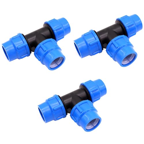 Raccord tuyau 25mm, Raccords de tuyau d’eau en T - 25 mm x 25 mm x 25mm, Raccord de plomberie de compression PN16 – connecteur compatible avec tuyaux en polyéthylène（3 pièces）