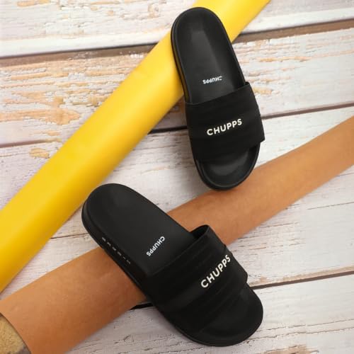 Image of CHUPPS Stitch Black & Black Drift Orthopedic Slippers | Soft Footpharma Footbed | Breathable Ventilation Holes | Lightweight Flip Flops | Anti-Skid Chappals for Everyday For Womens