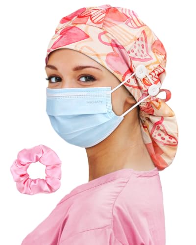 Image of Satin Lined Scrub Cap for Women Extra Large Long Hair Surgical Nurse Cap 4 Buttons