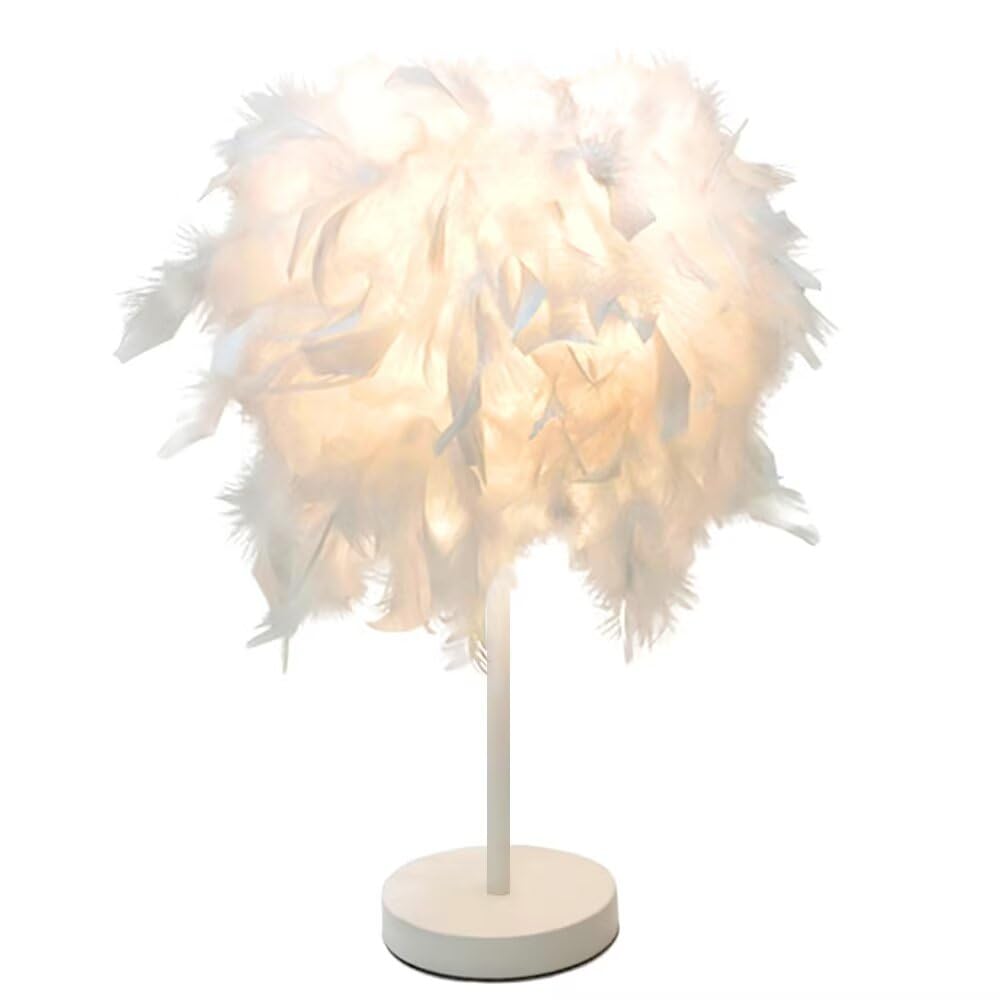 GUANSHAN Mini White Feather Table Lamp Bedside Lamp Table Light Desk Feather Lampshade for Bedroom, Home Decoration, Photography Props, Style 2, S