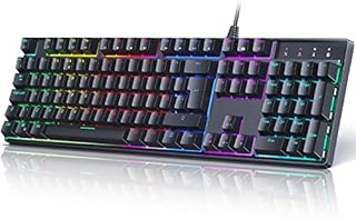 Mechanical Gaming Keyboard, QWERTY UK Layout 105 Keys Rollover Anti-ghosting, Blue Switches Customizable Key with LED Backlit 14 Dynamic Light Modes, 5 Macro Recording, USB Wired for Gamers PC Laptop
