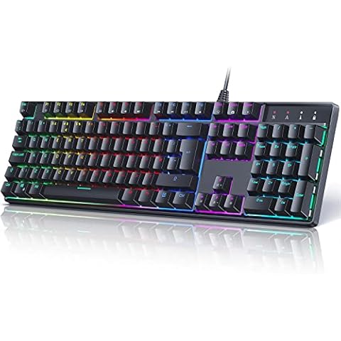 Mechanical Gaming Keyboard, QWERTY UK Layout 105 Keys Rollover Anti-ghosting, Blue Switches Customizable Key with LED Backlit 14 Dynamic Light Modes, 5 Macro Recording, USB Wired for Gamers PC Laptop Cover