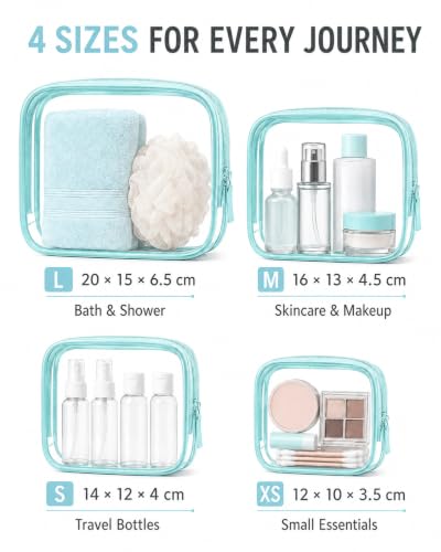 Image of Clear Makeup Bag Set,4 Sizes TSA Approved Travel Toiletry Bags,Waterproof PVC Clear Cosmetic Pouch with Zipper,Portable Transparent Organizer Bags for Travel Toiletries Accessorie (Blue, Pack of 4)