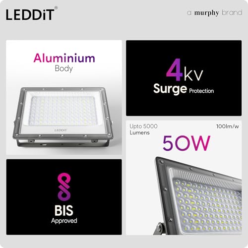 Image of Aster 50W LED Flood Light with 2-Year Warranty | IP66 Waterproof Outdoor Light for Garage, Garden, Shop, Parking | Cool White | BIS Approved | Pack of 5