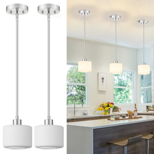Osimir Milk Glass Pendant Lights Kitchen Island 2 Pack, Modern Brushed Nickel Hanging Light Fixtures with Rods, Mini Kitchen Pendant Lighting Over Island for Sink Bathroom, OS-YQ8153-2PBN by Osimir - Used condition - US$83.41