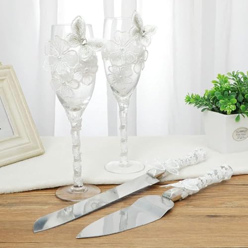 Genérico Juego De Copas De Champán para Bodas, Vajilla Decorada con Diamantes De Imitación De Encaje, Cuchillo De Acero Inoxidable Dentado para Tartas, Regalo De Boda para Recién Casados (C)