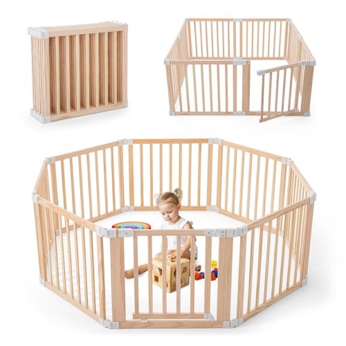 Gewitt Foldable Wooden Playpen, Large Baby Wood Playpen with Locking Gate for Babies and Toddler 1-3 Year, Portable Play Yard for Activity Center Indoor Outdoor