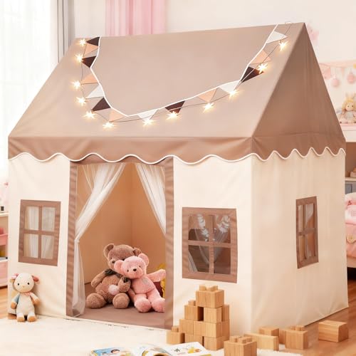 Kinder Spielhaus, 2 IN 1 Kinderzelt Drinnen Draußen mit Matte und Lichtern, Mückenschutz, Prinzessinnen Spielhaus mit Quastengirlande für Mädchen & Jungen, 120×100×130 cm
