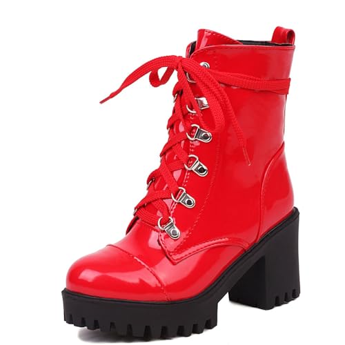 Betastella Lug Sole Platform Ankle Boots Lace Up Chunky Heeled Combat Boots Patent Leather Side Zip Booties