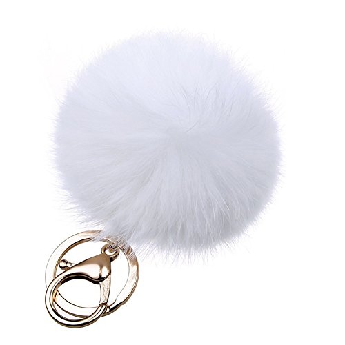 Miraclekoo Rabbit Fur Ball Pom Pom KeyChain Gold Plated Keychain with Plush for Car Key Ring or Handbag Bag Decoration (White)